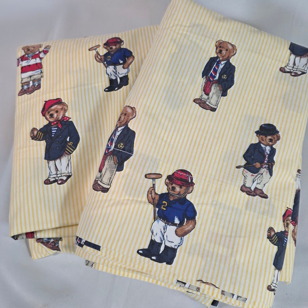 VTG Ralph Lauren Polo Bear Twin Sheet Set Yellow Pinstripe 100% Cotton USA